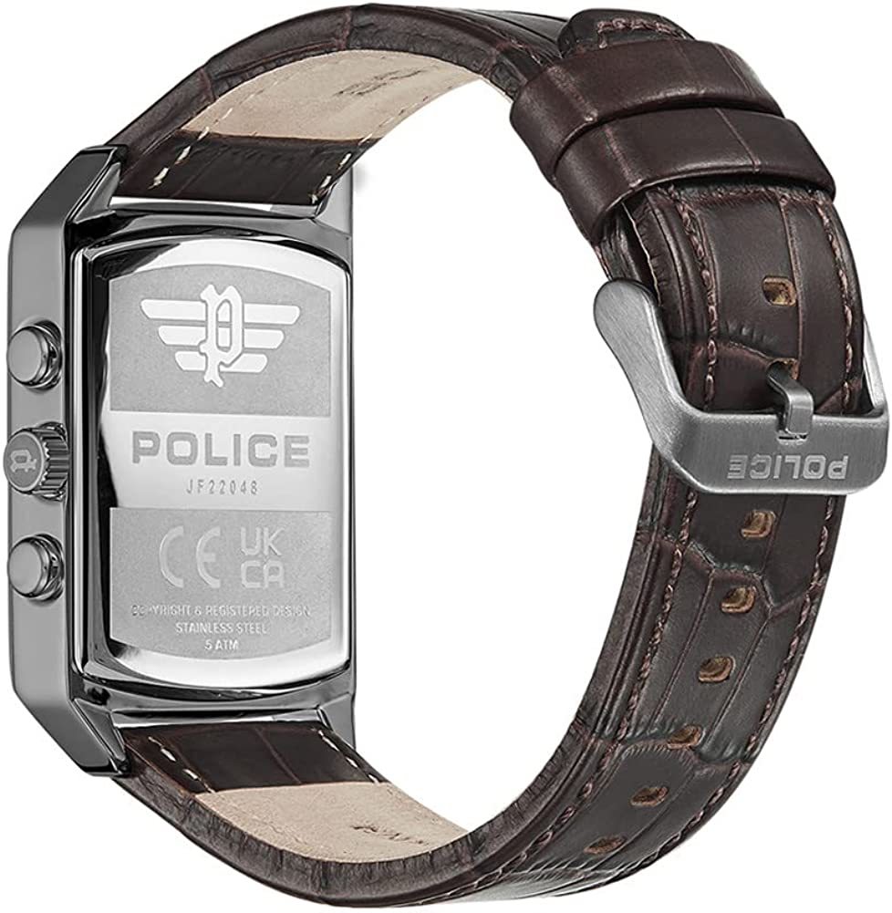 Gwylio Dynion Heddlu gyda Deial Arian a Strap Lledr Brown PEWJF2204802