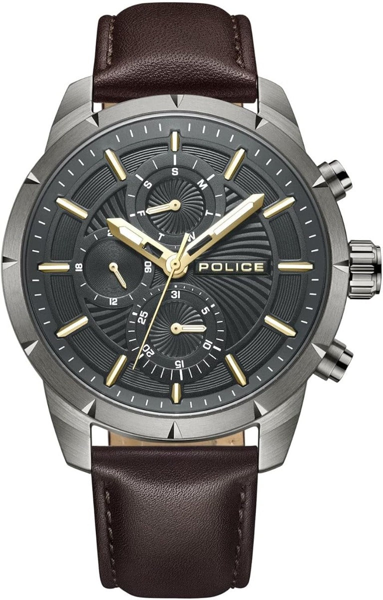 Police Mens Chronograph Watch with Black Dial and Brown Leather Strap PEWJF2227102