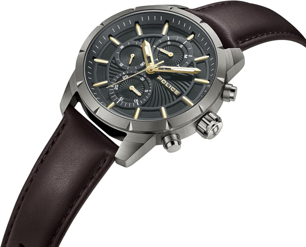 Police Mens Chronograph Watch with Black Dial and Brown Leather Strap PEWJF2227102