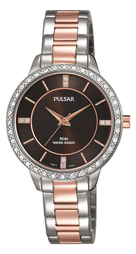 Pulsar Ladies Watch with Brown Dial and Two Tone Stainless Steel Strap PH8217X1
