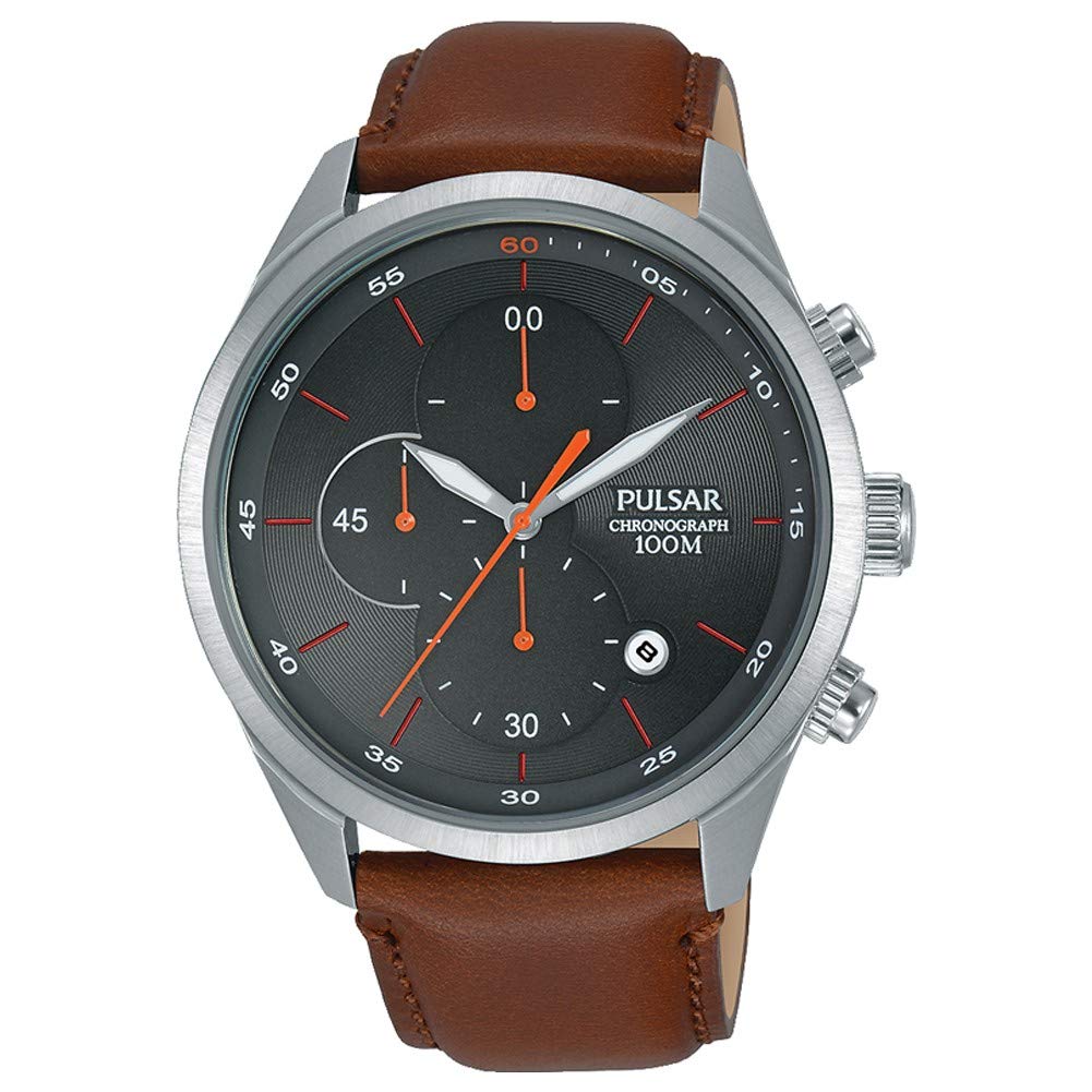 Pulsar Mens Chronograph Watch with Black Dial and Brown Leather Strap PM3103X1