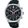 Mens Pulsar Chronograph Watch with Black Dial and Black Leather Strap PT3751X1