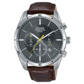 Pulsar Gents Grey Chronograph Dial Brown Leather Strap Watch PT3837X1