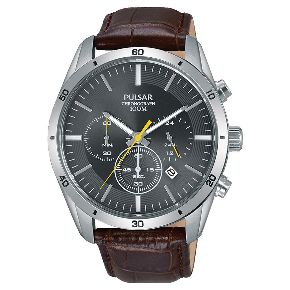 Pulsar Gents Grey Chronograph Dial Brown Leather Strap Watch PT3837X1