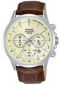Pulsar Mens Sport Chronograph Brown Leather Strap Beige Dial Watch PT3919X1