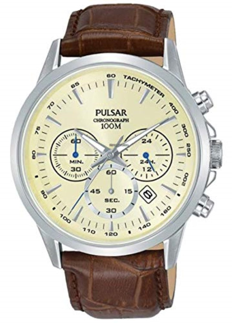 Pulsar Mens Sport Chronograph Brown Leather Strap Beige Dial Watch PT3919X1
