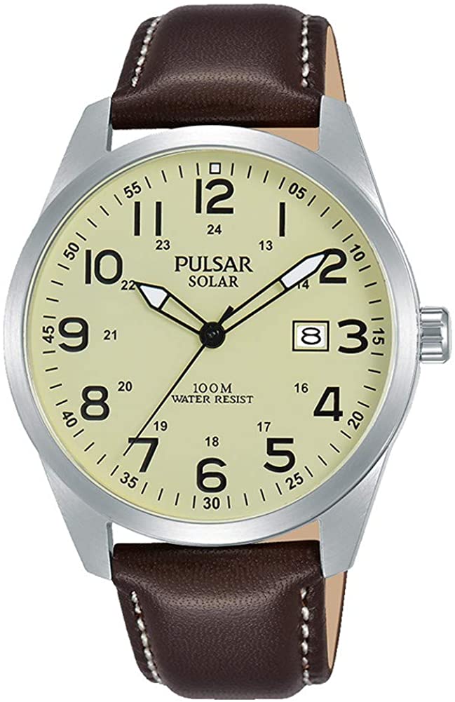 Pulsar Mens Solar Watch with Brown Leather Strap Watch PX3165X1