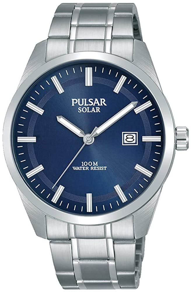 Pulsar Mens Solar Watch with Blue Dial and Silver Strap PX3167X1