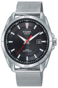 Gwylio Solar Dynion Pulsar gyda Strap Arian a Deial Du PX3171X1