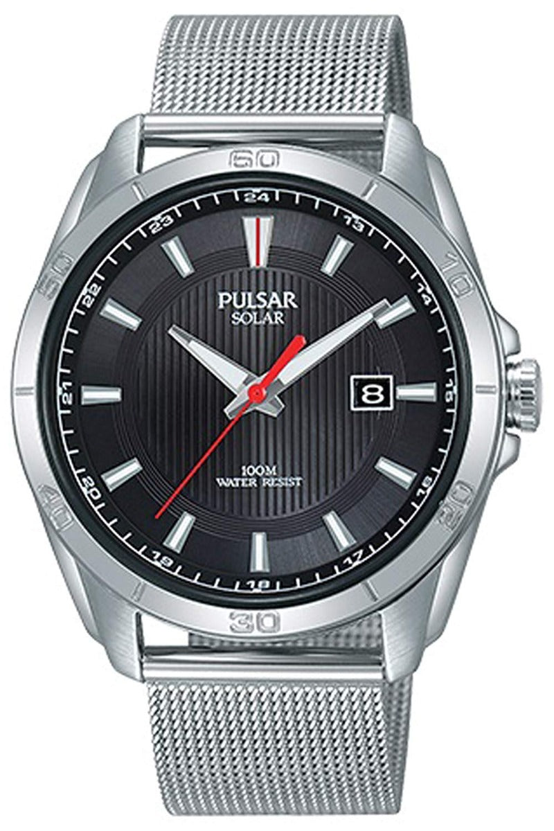 Gwylio Solar Dynion Pulsar gyda Strap Arian a Deial Du PX3171X1