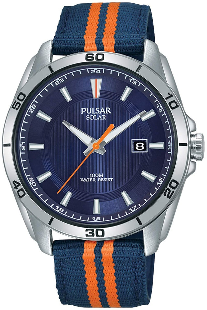 Gwyliad Solar i Ddynion gan Pulsar gyda Deial Glas a Strap Neilon Glas PX3175X1