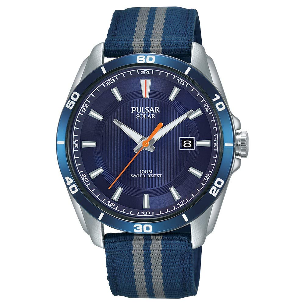 Gwyliad Solar i Ddynion Pulsar gyda Deial Glas a Strap Cynfas Glas PX3177X1