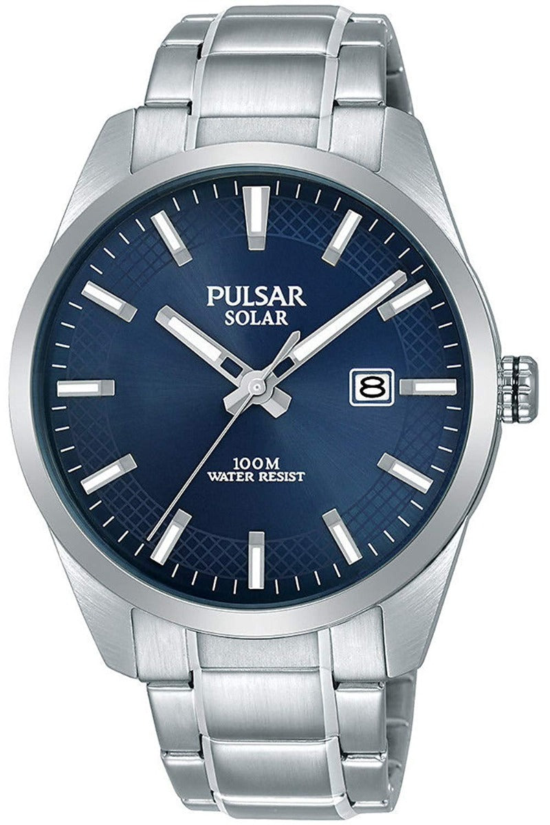 Pulsar Men's Solar Watch with Blue Dial and Silver Strap PX3181X1