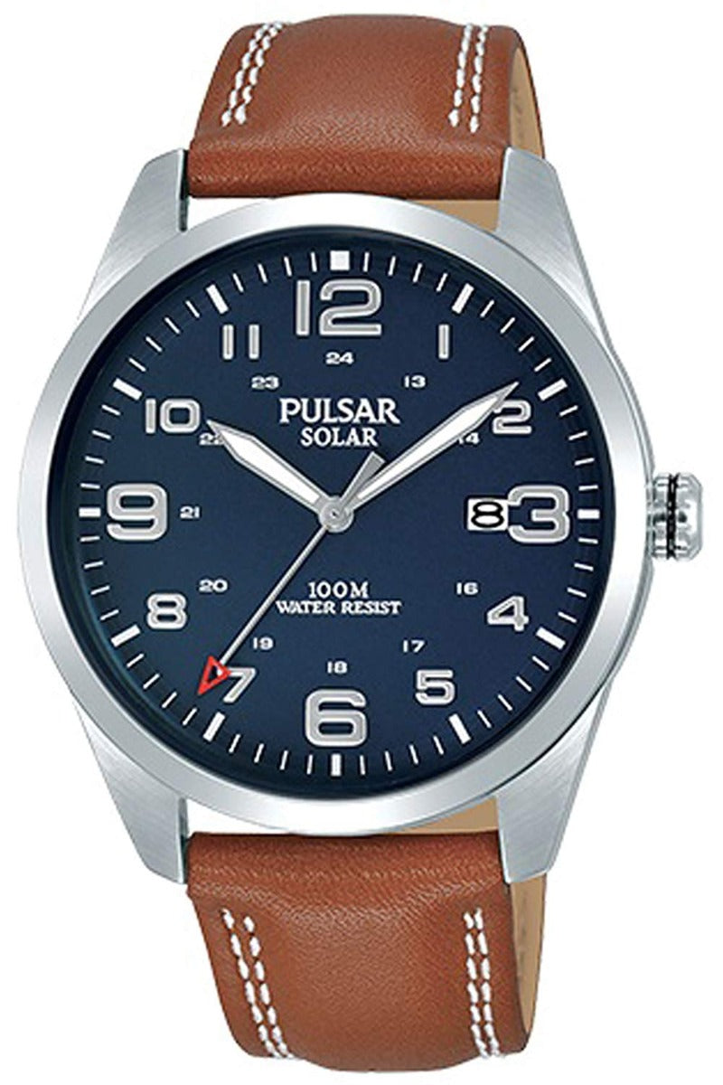 Pulsar Blue Dial Brown Leather Strap Solar Men's Watch PX3189X1