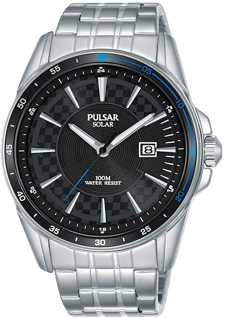 Men's Pulsar Solar Watch with Black Dial and Silver Strap PX3203X1