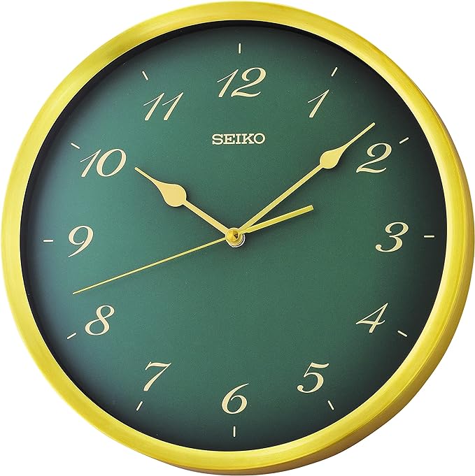 Seiko Wall Clock with Green Dial and Gold Case QXA784F