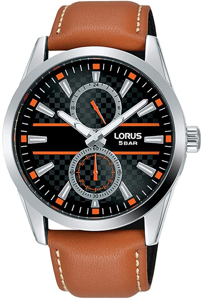 Lorus Mens Watch with Black Dial and Tan Strap R3A61AX9