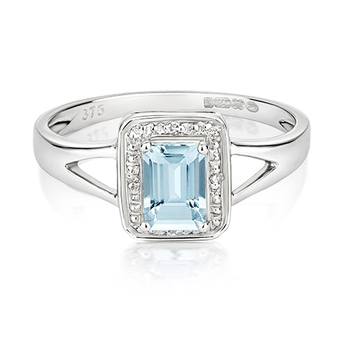 9ct White Gold Aquamarine and Diamond Engagement Ring 0.550+0.010 CT