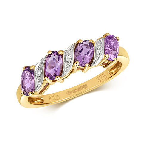 9ct Yellow Gold Amethyst and Diamond Dress Ring 0.900+0.020 CT