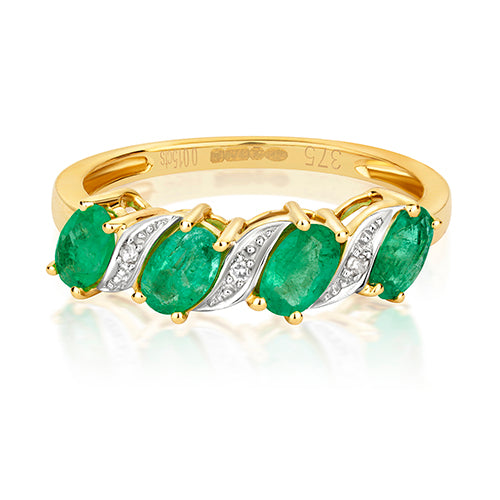 9ct Yellow Gold Emerald and Diamond Dress Ring 0.860+0.020 CT