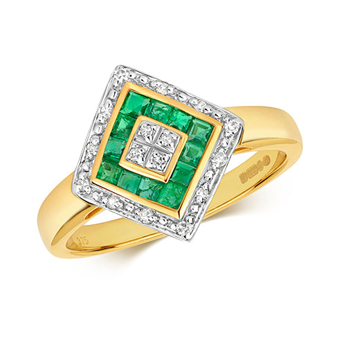 9ct Yellow Gold Emerald and Diamond Dress Ring 0.000+0.080 CT