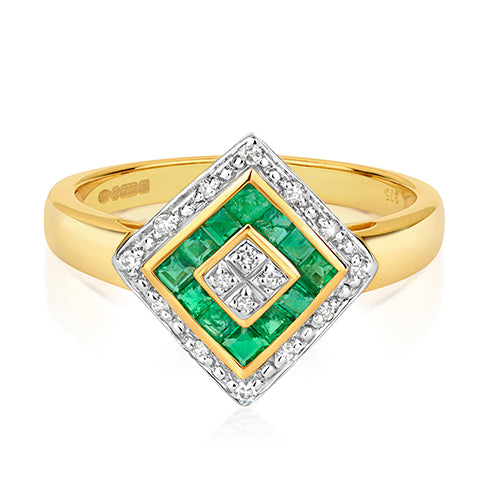 9ct Yellow Gold Emerald and Diamond Dress Ring 0.000+0.080 CT