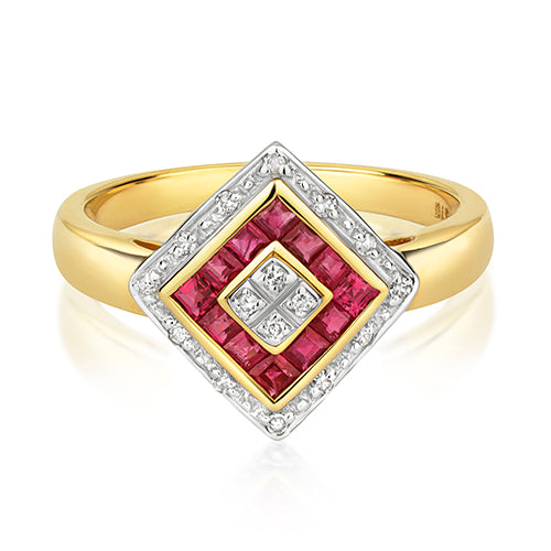 9ct Yellow Gold Ruby and Diamond Dress Ring 0.000+0.080 CT