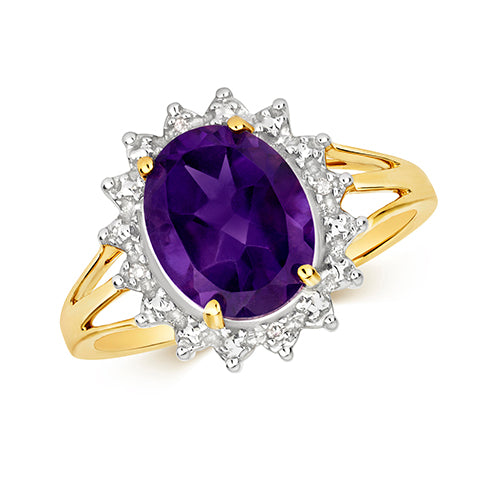 9ct Yellow Gold Amethyst and Diamond Dress Ring 2.300+0.010 CT