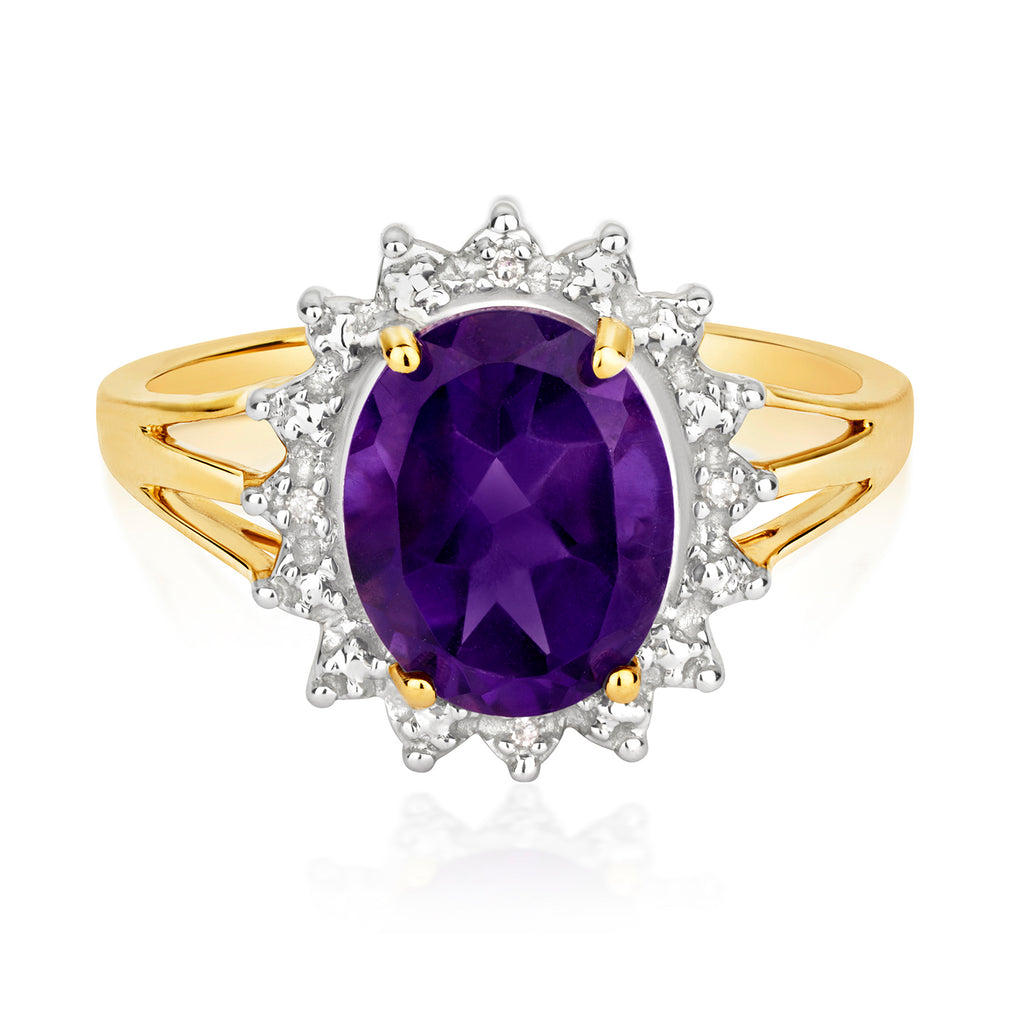 9ct Yellow Gold Amethyst and Diamond Dress Ring 2.300+0.010 CT