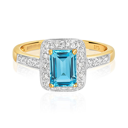 9ct Yellow Gold Blue Topaz and Diamond Engagement Ring 0.000+0.100 CT