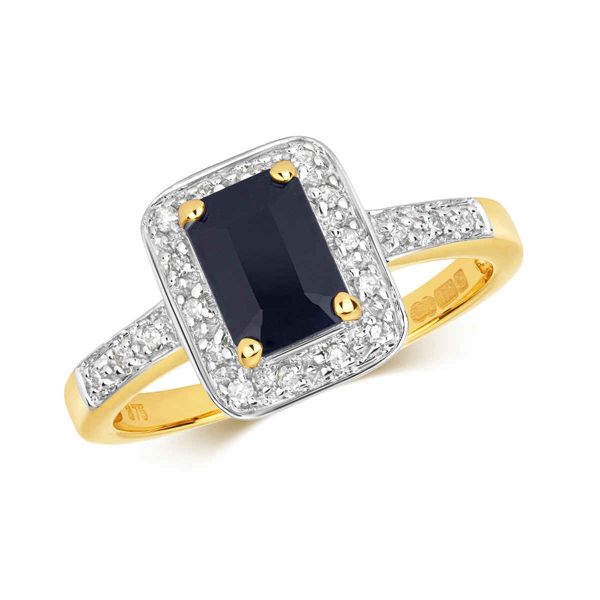 Modrwy Ymgysylltu Saffir a Diemwnt Aur Melyn 9ct 0.000+0.100 CT