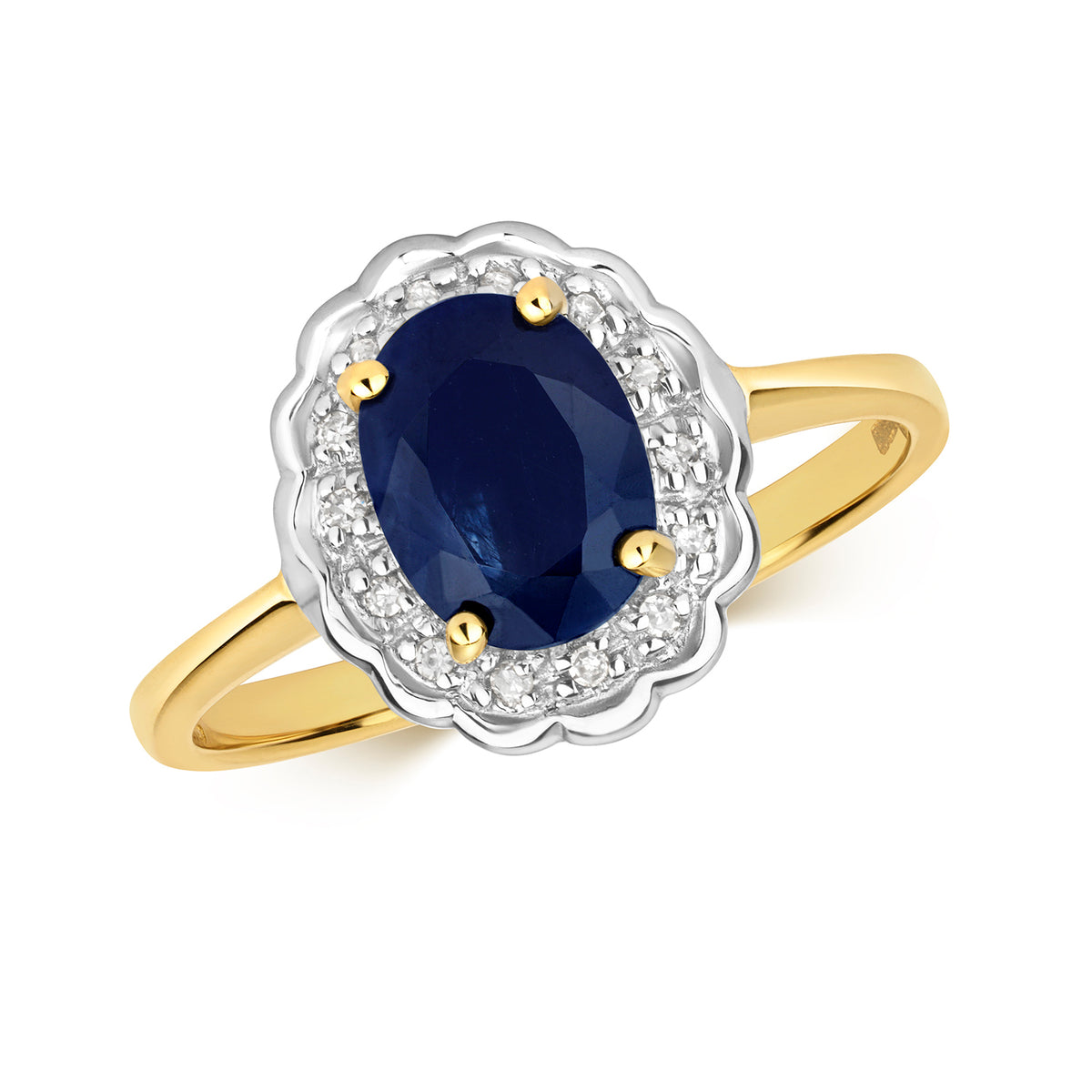 Modrwy Ddyweddïo Saffir a Diemwnt Aur Melyn 9ct 0.000+0.050 CT