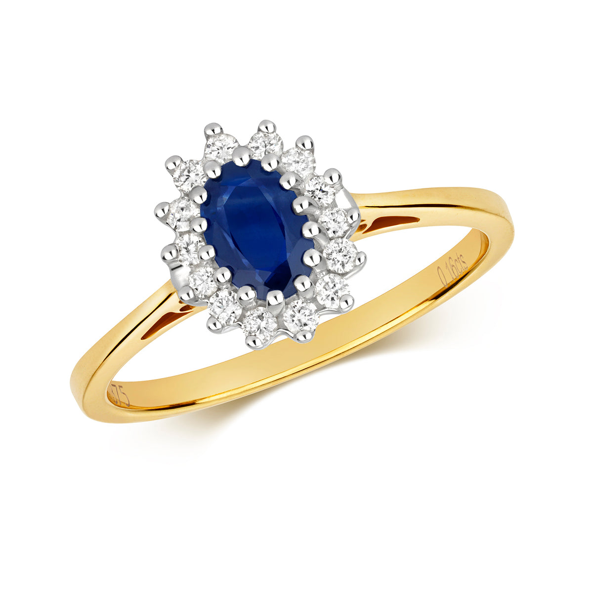 Modrwy Ddyweddïo Saffir a Diemwnt Aur Melyn 9ct 0.520+0.150 CT