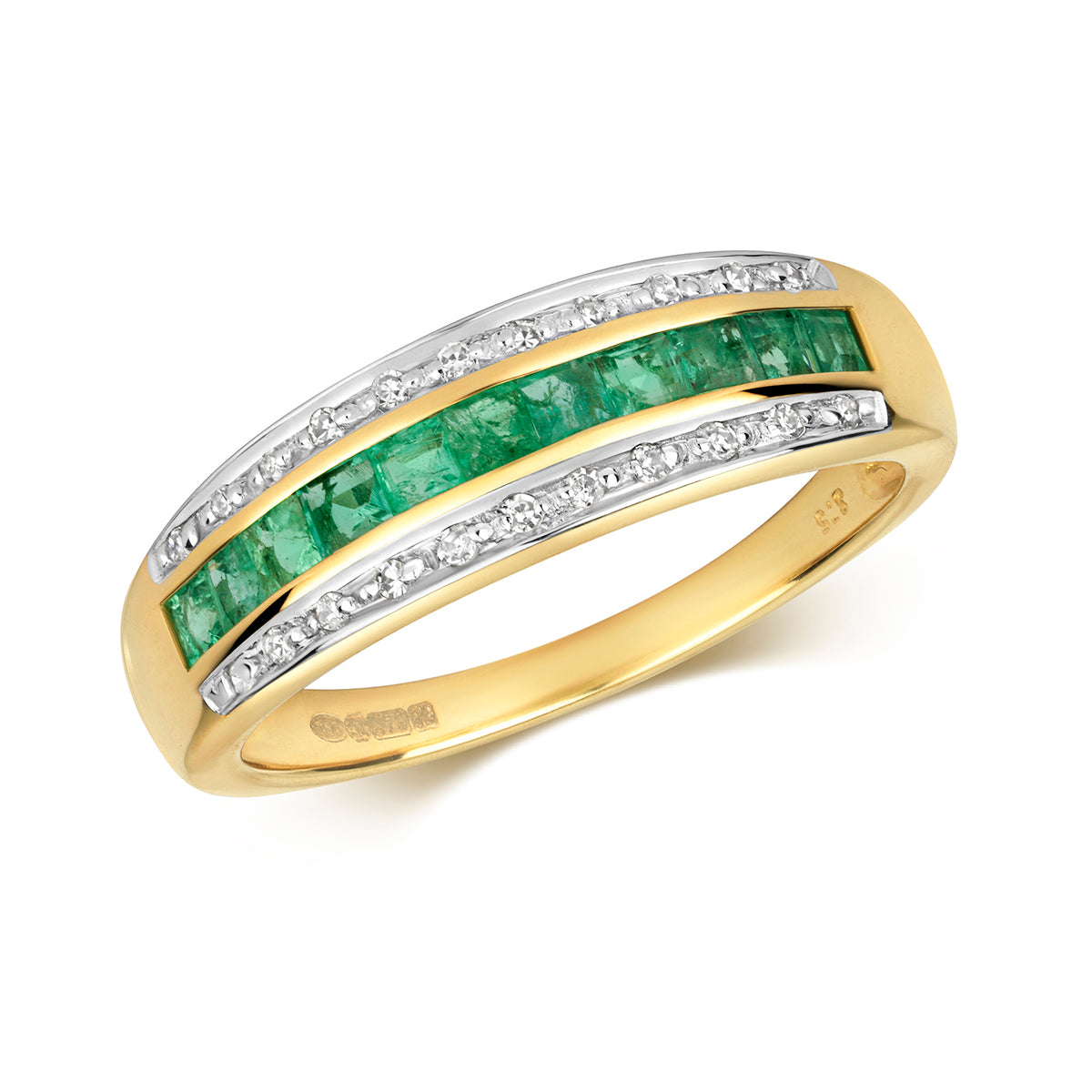 9ct Yellow Gold Emerald and Diamond Band Ring 0.540+0.090 CT