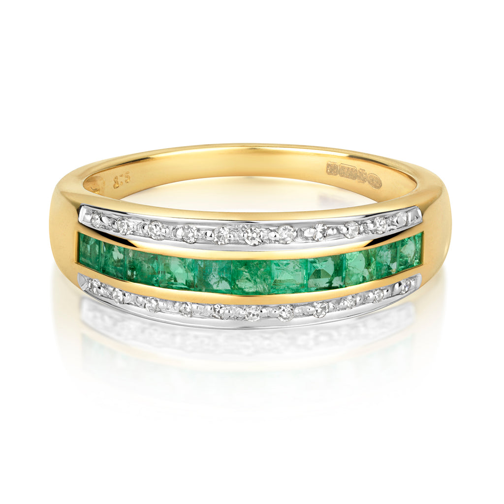 9ct Yellow Gold Emerald and Diamond Band Ring 0.540+0.090 CT