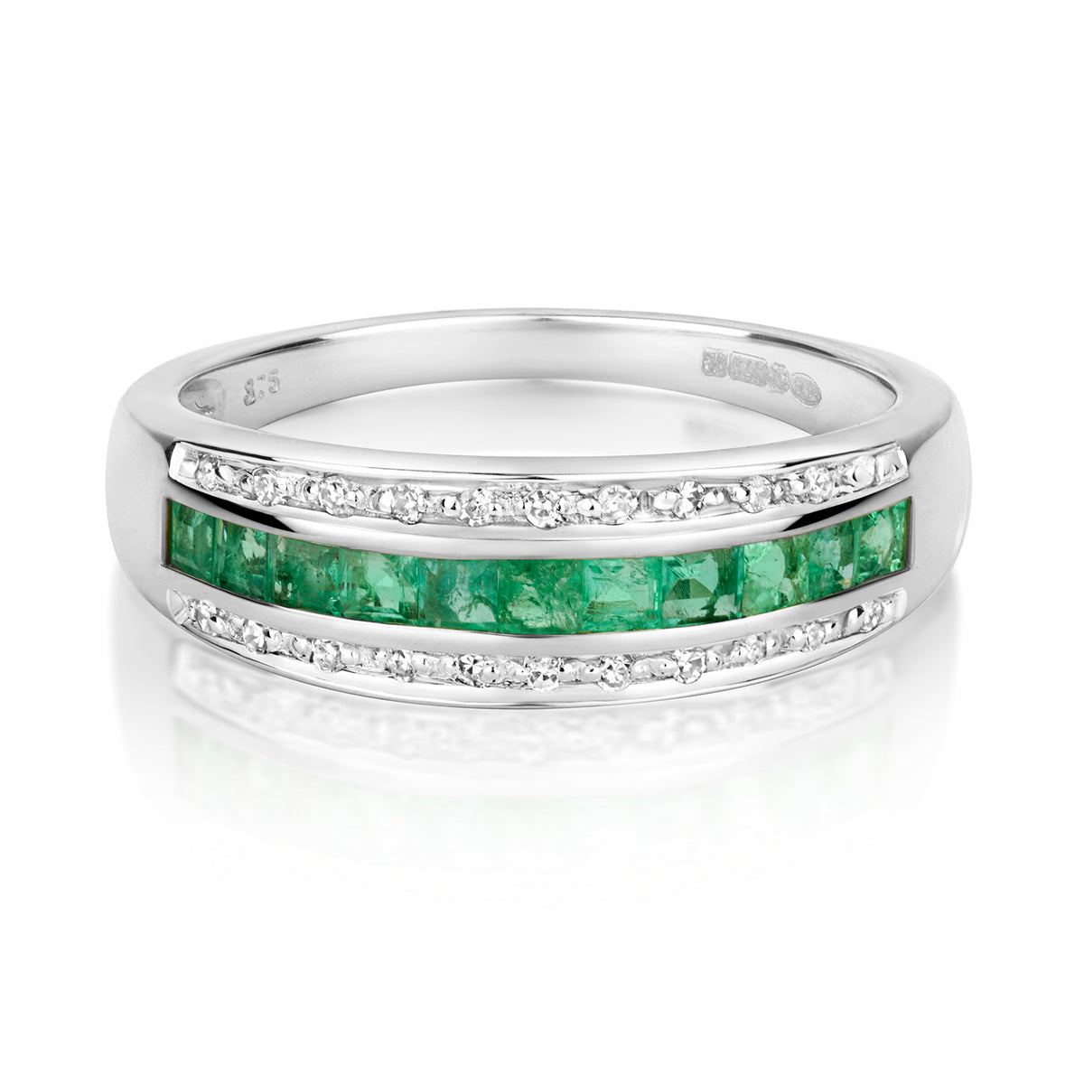 9ct White Gold Emerald and Diamond Band Ring 0.540+0.090 CT