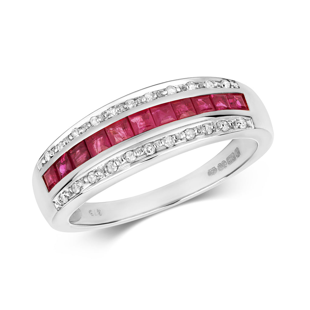 9ct White Gold Ruby and Diamond Band Ring 0.760+0.090 CT