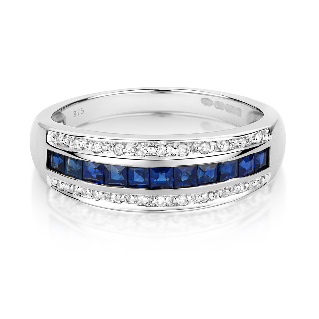 9ct White Gold Sapphire and Diamond Band Ring 0.760+0.090 CT