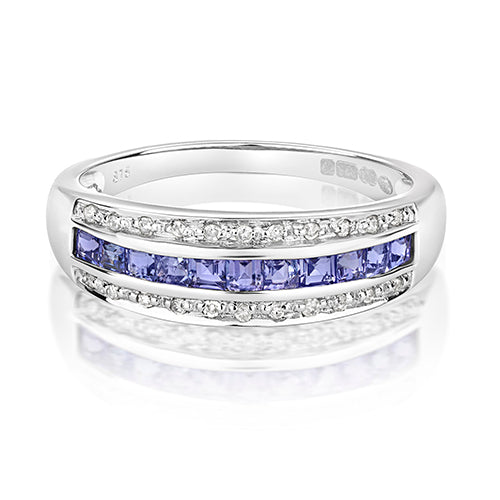 9ct White Gold Tanzanite and Diamond Band Ring 0.760+0.090 CT