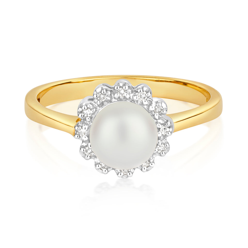 9ct Yellow Gold Diamond and Pearl Dress Ring 0.04 CT