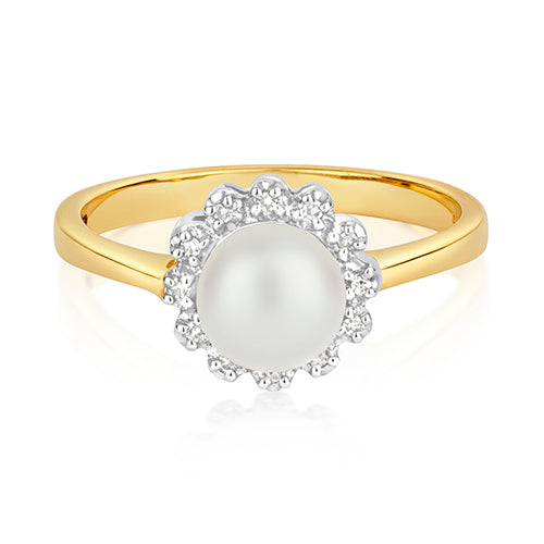 9ct Yellow Gold Diamond and Pearl Dress Ring 0.04 CT
