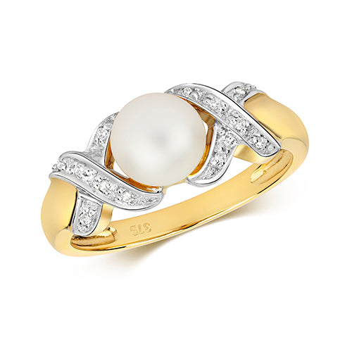 9ct Yellow Gold Diamond and Pearl Dress Ring 0.04 CT