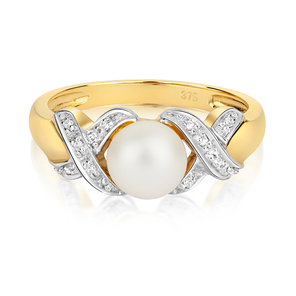 9ct Yellow Gold Diamond and Pearl Dress Ring 0.04 CT
