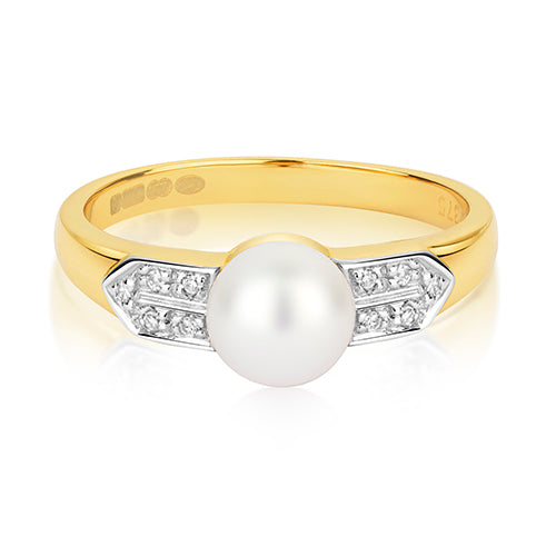 9ct Yellow Gold Diamond and Pearl Dress Ring 0.03 CT