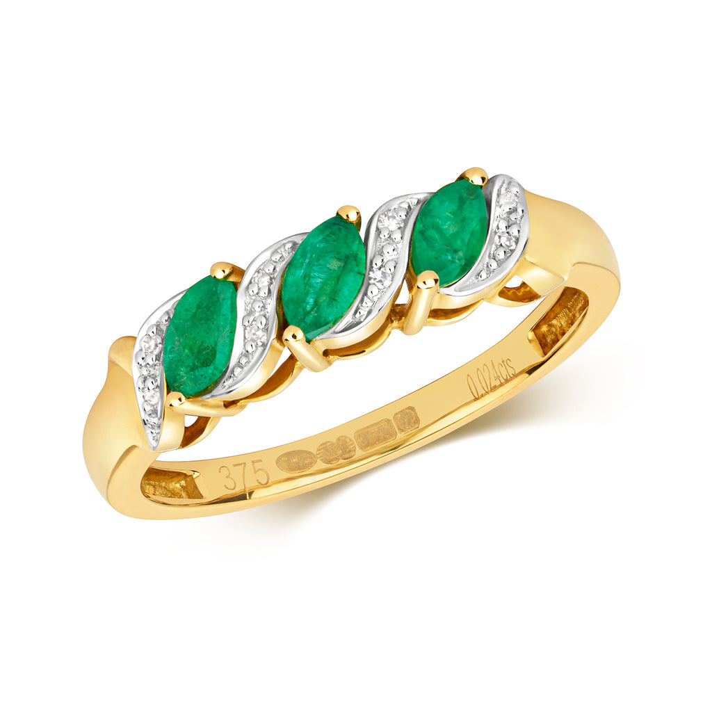 9ct Yellow Gold Emerald and Diamond Dress Ring 0.350+0.020 CT