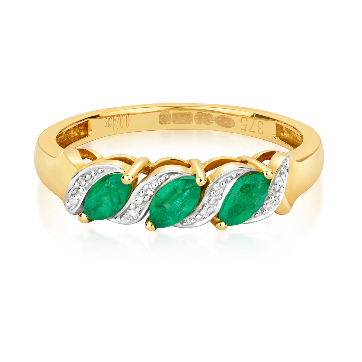 9ct Yellow Gold Emerald and Diamond Dress Ring 0.350+0.020 CT