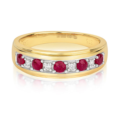 Modrwy Ddiwni Aur Melyn 9ct gyda Rhuddem a Diemwnt 0.47 CT