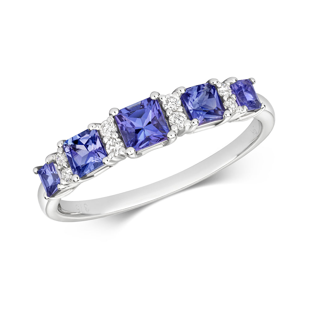 Modrwy Ffurfiol Tansanit a Diemwnt Aur Gwyn 9ct 0.760+0.090 CT