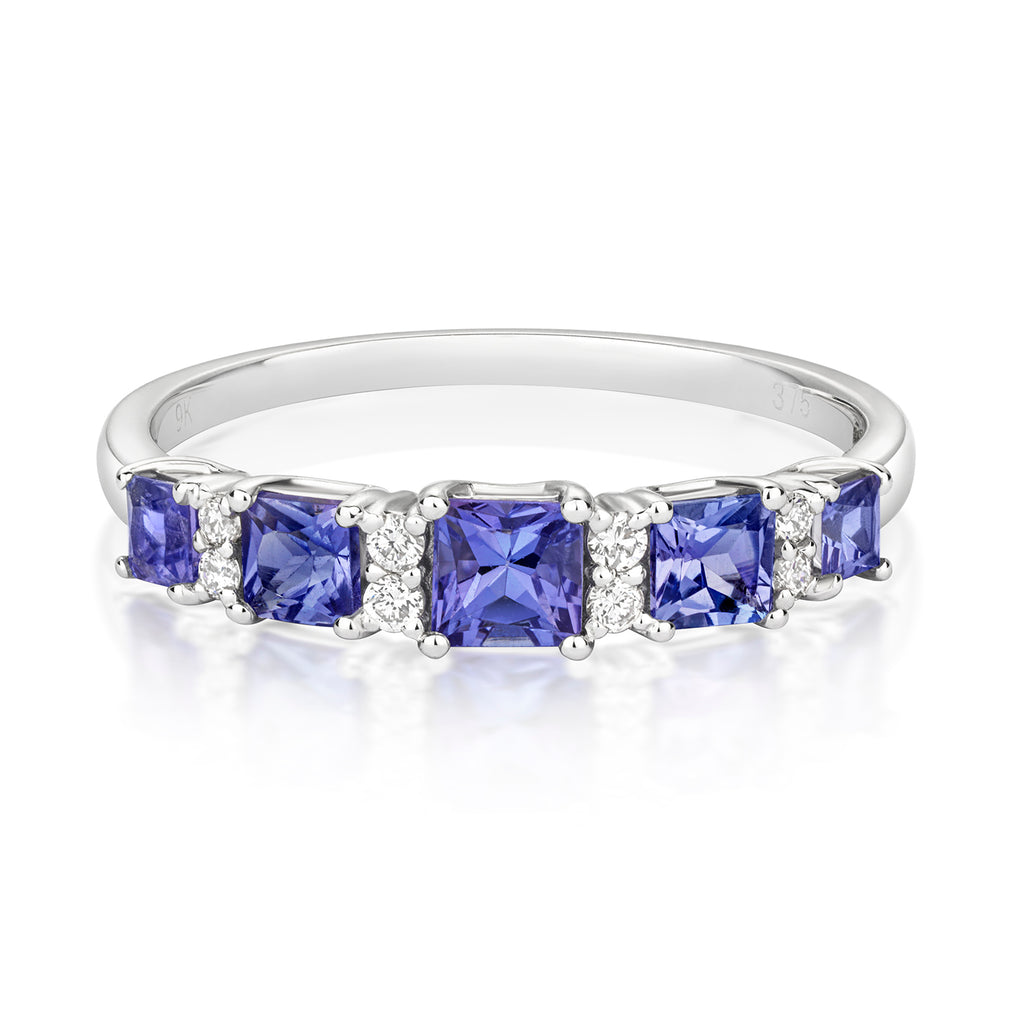 Modrwy Ffurfiol Tansanit a Diemwnt Aur Gwyn 9ct 0.760+0.090 CT