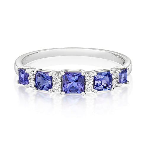 Modrwy Ffurfiol Tansanit a Diemwnt Aur Gwyn 9ct 0.760+0.090 CT